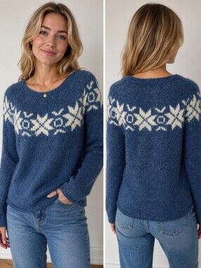 Álafoss Pure Icelandic Wool Sweater Handknit Fair Isle Nordic Blue Ivory NWOT L
